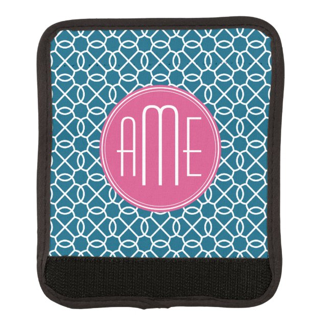 Hot Pink & Blue Geometric Pattern Monograms Luggage Handle Wrap (Front)