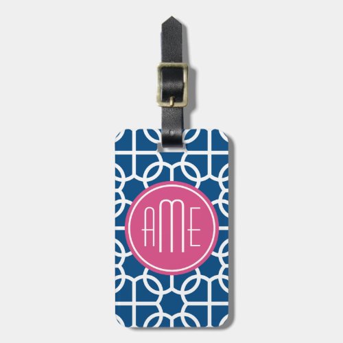 Hot Pink  Blue Geometric Pattern Monograms Luggage Tag