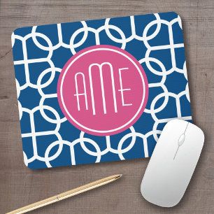 Hot Pink & Blue Geometric Pattern Monograms Mouse Pad