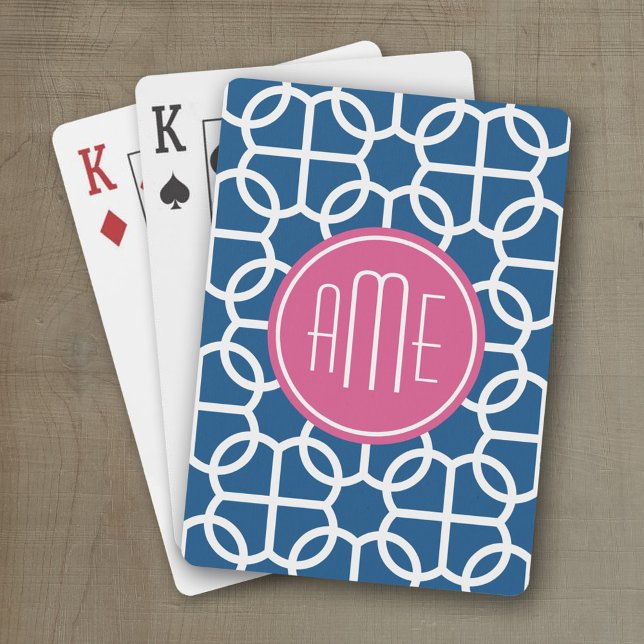 Hot Pink & Blue Geometric Pattern Monograms Poker Cards (Personalized playing cards with monogram or custom text)