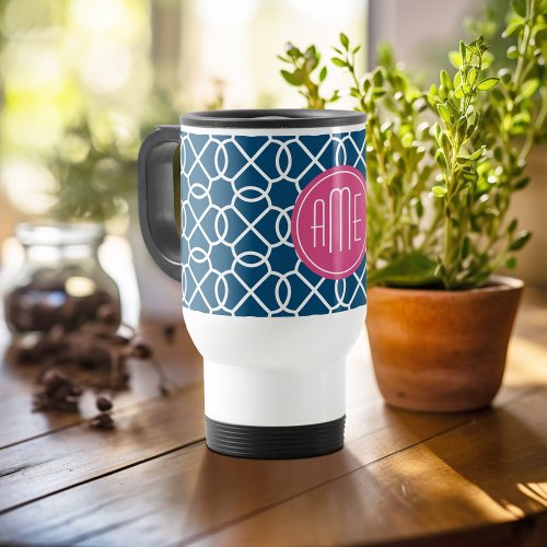 Hot Pink  Blue Geometric Pattern Monograms Travel Mug