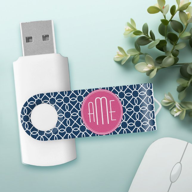 Hot Pink & Blue Geometric Pattern Monograms USB Flash Drive (Personalized USB stick)