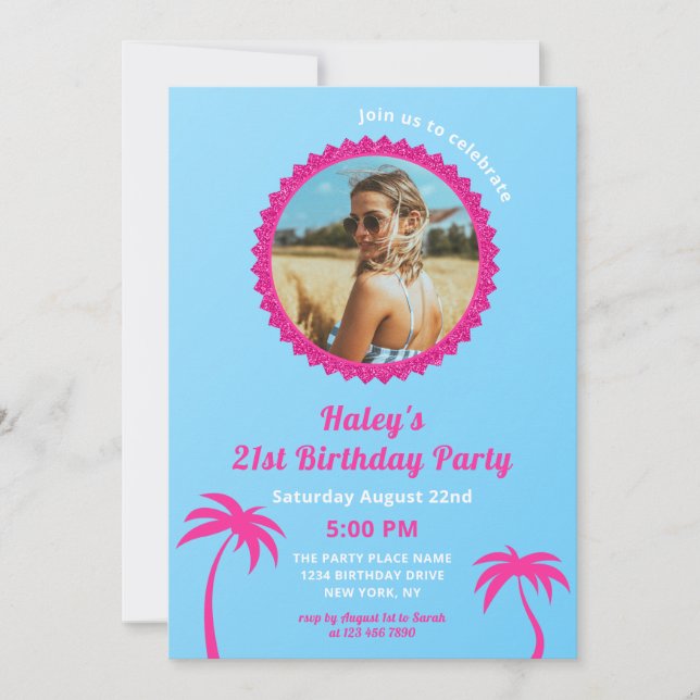 Hot Pink & Blue Modern Photo 21st Birthday Invitation (Front)