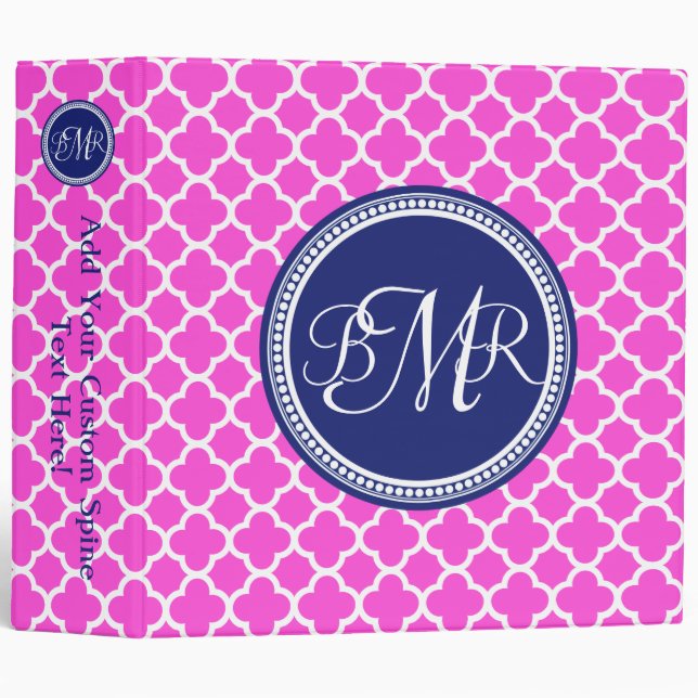 Hot Pink Blue Monogrammed Quatrefoil Personalized 3 Ring Binder (Front/Spine)