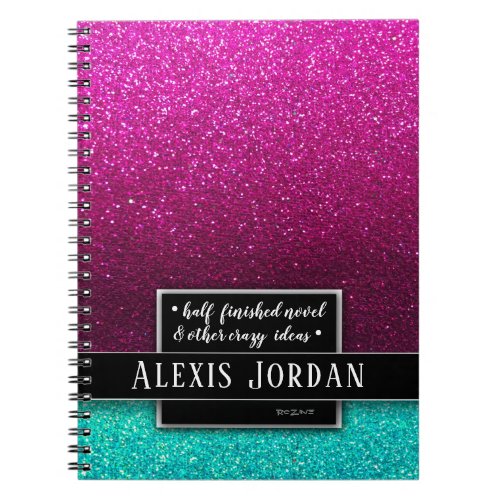 Hot Pink Blue Ombre Glitter Black White Monogram Notebook