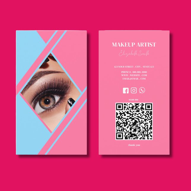 Hot Pink & Blue QR Code photo Makeup Artist Business Card (Creator Uploaded)
