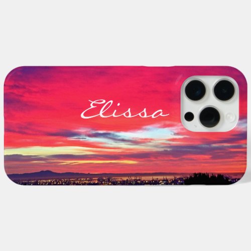 Hot Pink Blue Sunset Coastal Landscape Script Name iPhone 15 Pro Max Case