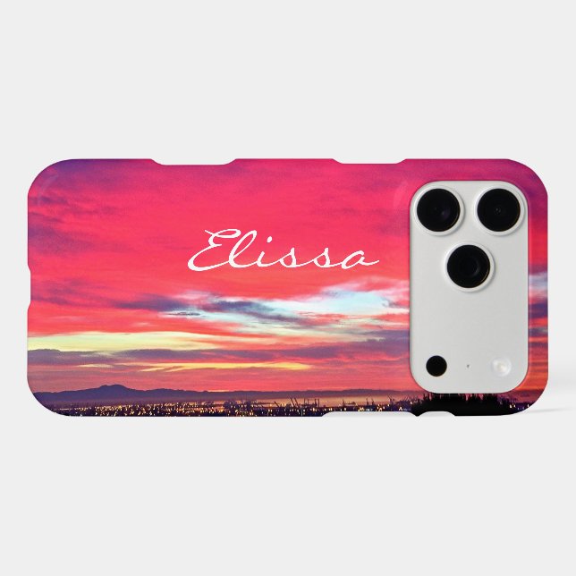 Hot Pink Blue Sunset Coastal Landscape Script Name Case-Mate iPhone Case (Back (Horizontal))