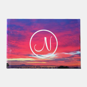 Hot pink blue sunset photo custom monogram modern doormat