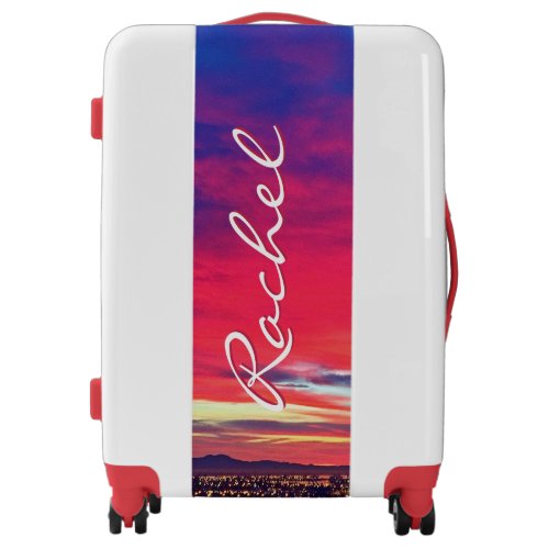 Hot pink blue sunset photo custom name script bold luggage