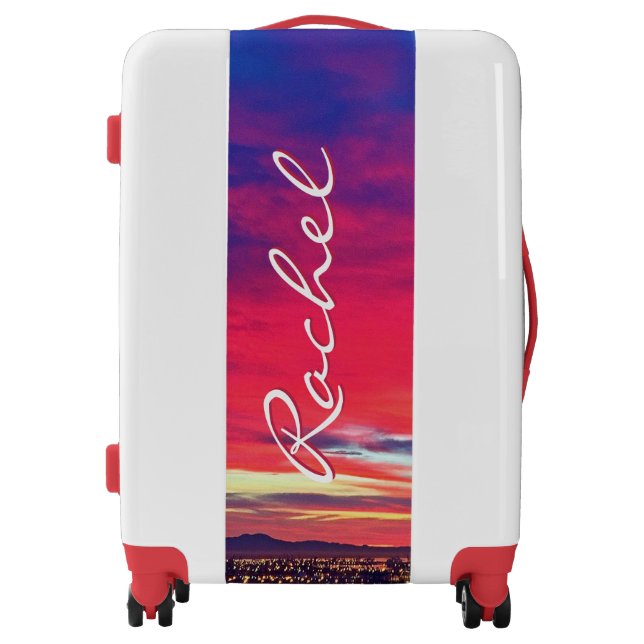 Hot pink blue sunset photo custom name script bold luggage (Front)