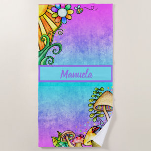 Hot Pink Blue Watercolor with Sunny Day Doodles Beach Towel