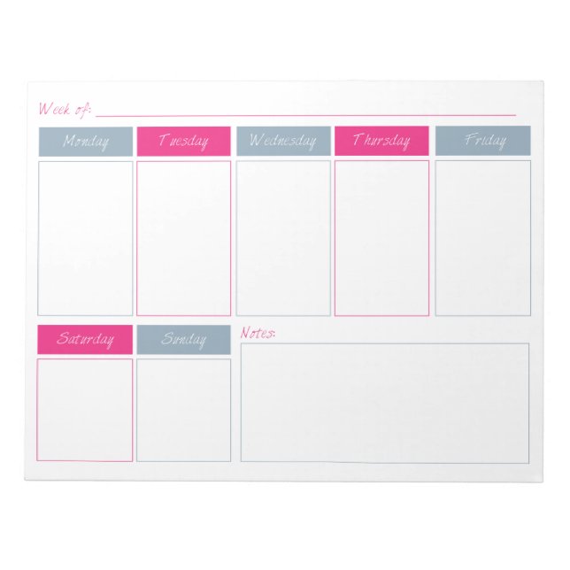 Hot Pink & Blue Weekly Planner Tear Off Notepad (Front)