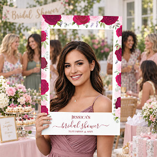 Hot Pink & Blush Boho Roses Elegant Bridal Shower Selfie Frame