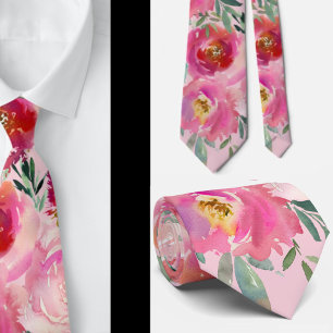 Hot Pink Blush Light Pretty Roses Floral Neck Tie