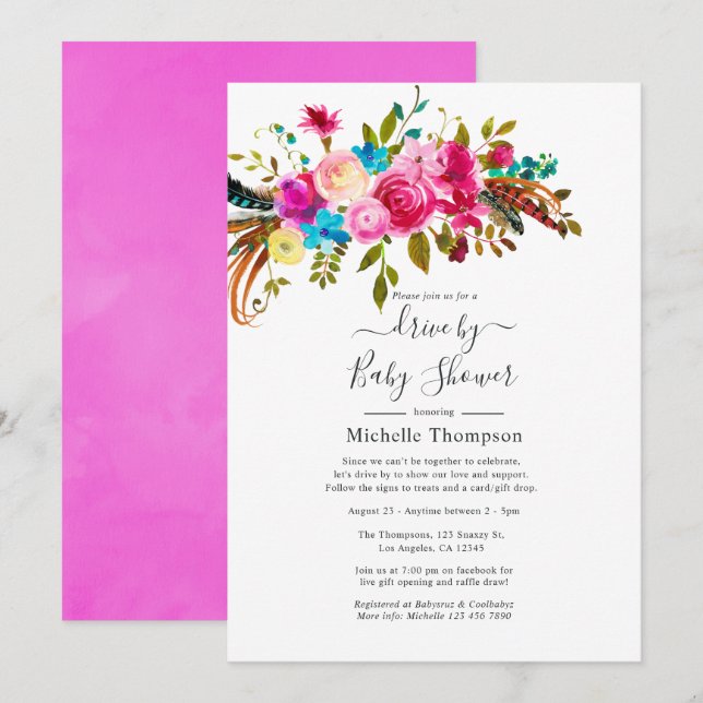 Hot-Pink Boho Chic Drive By Bridal or Baby Shower Invitation (Front/Back)