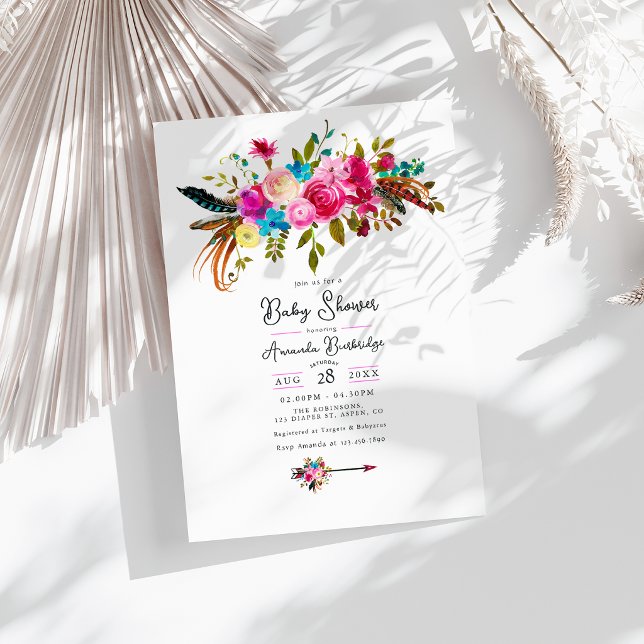 Hot-Pink Boho Chic Floral Baby Shower Invitation (Hot-Pink Boho Chic Floral Baby Shower Invitation)