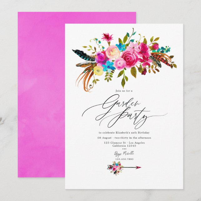 Hot-Pink Boho Chic Floral Garden Party Invitation (Front/Back)