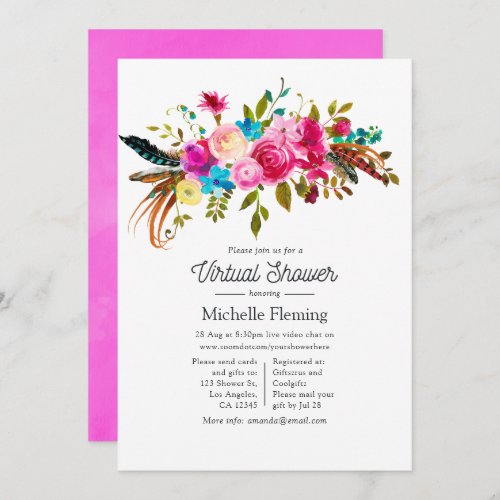 Hot_Pink Boho Chic Floral Virtual Baby Shower Invitation