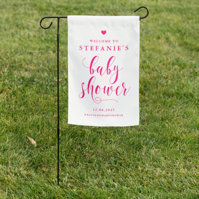 Hot Pink Bold Calligraphy Baby Shower Welcome Garden Flag (In SItu)