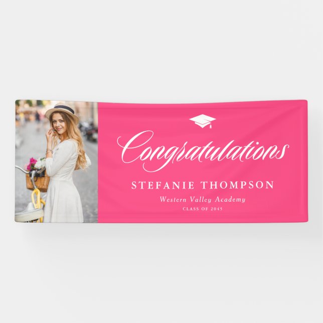 Hot Pink Bold Calligraphy Photo Graduation Banner (Horizontal)