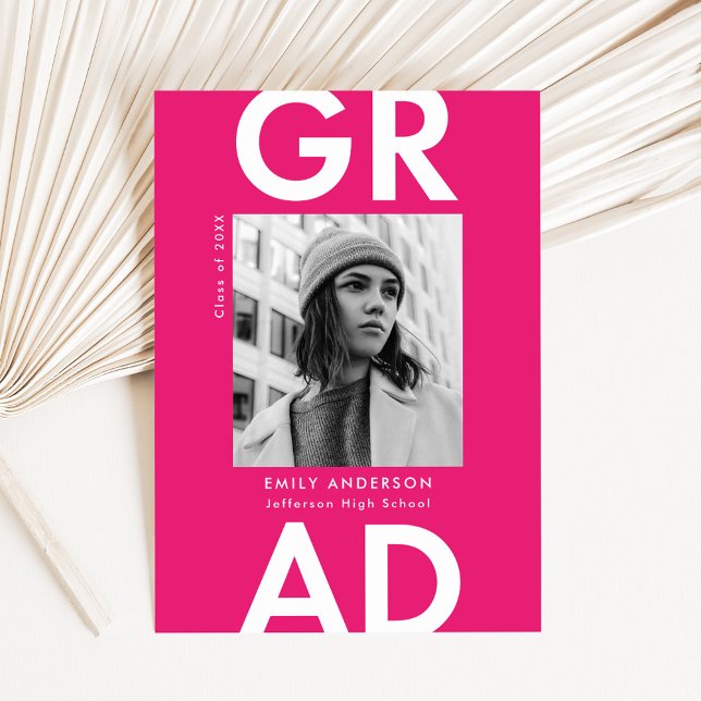 Hot Pink | Bold Grad Photo Graduation Announcement (Creator Uploaded)
