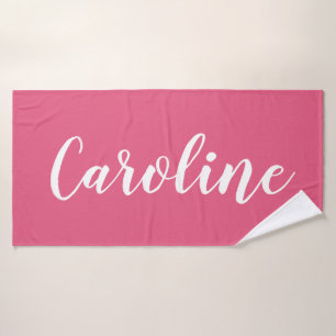 Hot Pink Bold Script Personalized Name Bathroom Bath Towel Set