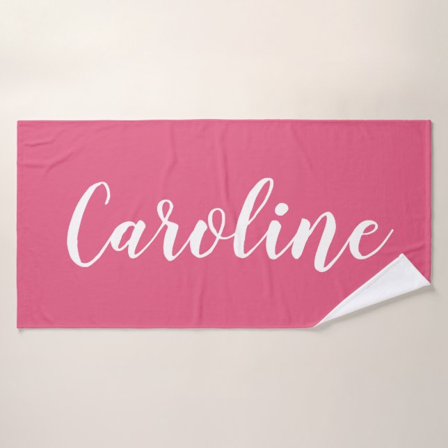 Hot Pink Bold Script Personalized Name Bathroom Bath Towel Set (Bath Towel)