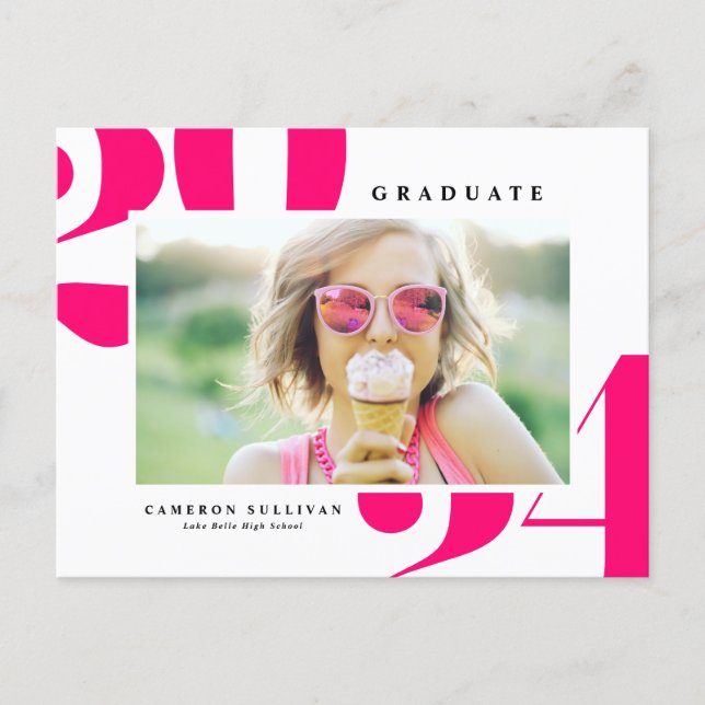 Hot Pink Bold Typography 2024 Photo Graduation Announcement Postcard (Front)