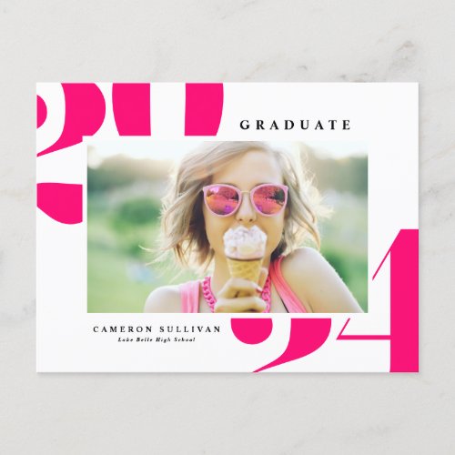 Hot Pink Bold Typography 2024 Photo Graduation Invitation Postcard