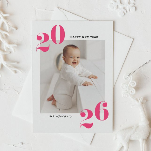 Hot Pink Bold Typography 2025 New Year Photo Holiday Postcard (Customizable modern photo Happy New Year postcard featuring 2026 in hot pink retro bold typography.)