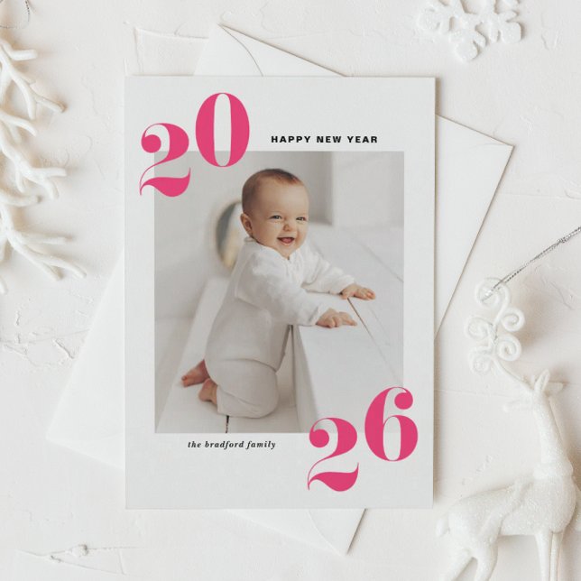 Hot Pink Bold Typography 2026 New Year Photo Holiday Card (Customizable modern photo Happy New Year card featuring 2026 in hot pink retro bold typography.)