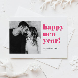 Hot Pink Bold Typography Photo Happy New Year Holiday Card