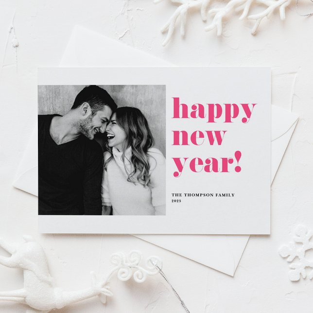 Hot Pink Bold Typography Photo Happy New Year Holiday Card (Creator Uploaded)