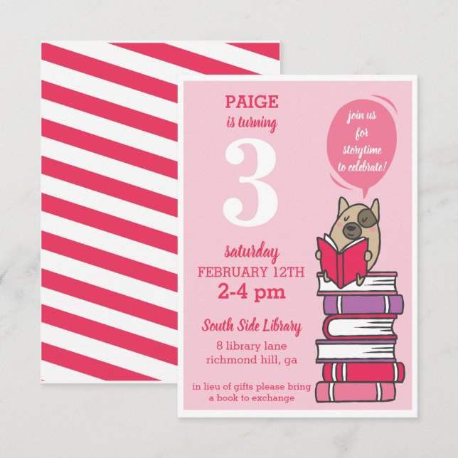 Hot Pink Book Birthday Party Reading Invitation (Front/Back)