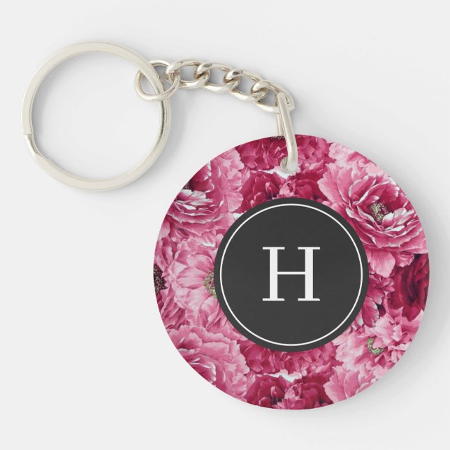 Hot Pink Botanical Peonies Pattern Monogram Keychain (Front)