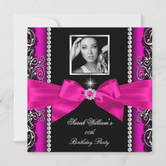 Hot Pink Bow Birthday Party Silver Photo Invitation