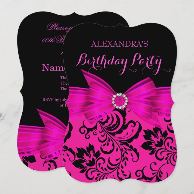 Hot Pink Bow Black Damask Birthday Party Invitation (Front/Back)