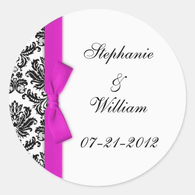 Hot Pink Bow Classic Damask Wedding Label (Front)