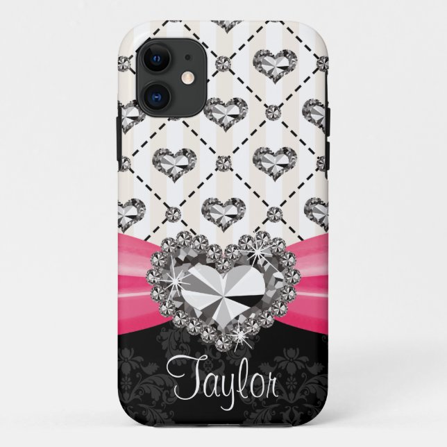 Hot Pink Bow Diamond Heart Rhinestone Case-Mate iPhone Case (Back)
