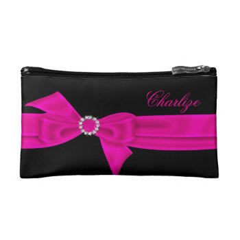 Hot Pink Bow Diamond Hot Pink Black Makeup Bag by ZizzagoBags at Zazzle