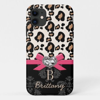 Hot Pink Bow Heart Shaped Faux Bling Leopard Iphone 11 Case by cutecases at Zazzle
