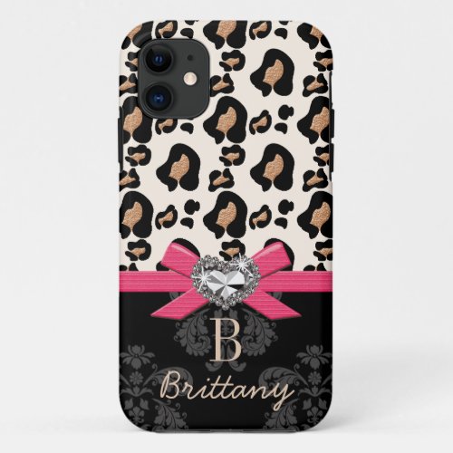 Hot Pink Bow Heart Shaped Faux Bling Leopard iPhone 11 Case