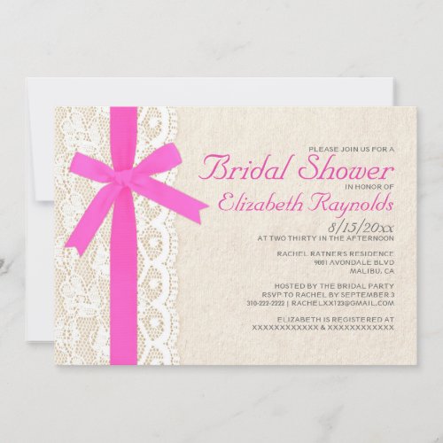 Hot Pink Bow &amp; Lace Bridal Shower Invitations
