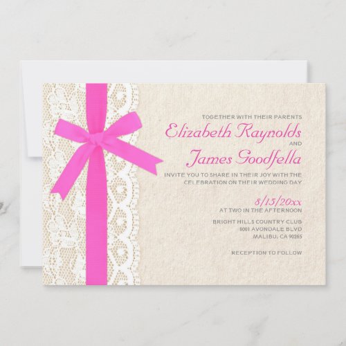 Hot Pink Bow &amp; Lace Wedding Invitations