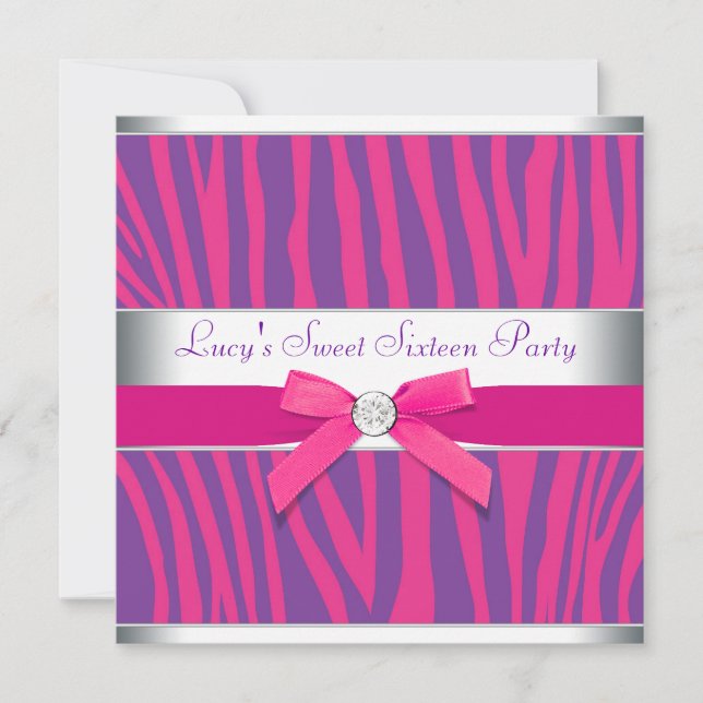 Hot Pink Bow Purple Zebra Sweet 16 Party Invitation (Front)
