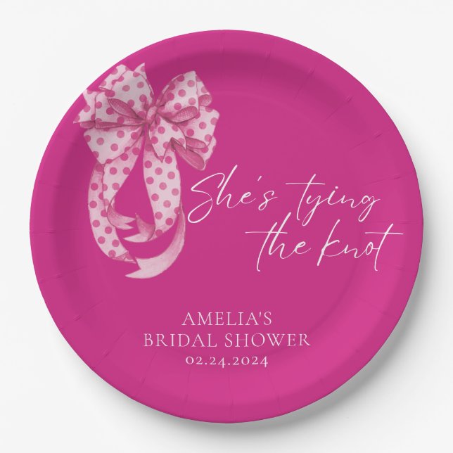 Hot Pink bow She's Tying the Knot Bridal Shower  Paper Plates (Front)