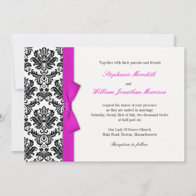 Hot Pink Bow with Damask Wedding Invitation (Front)