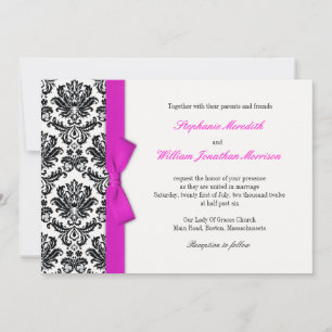 Hot Pink Bow with Damask Wedding Invitation