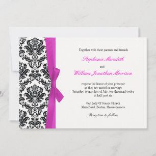 Hot Pink Bow with Damask Wedding Invitation